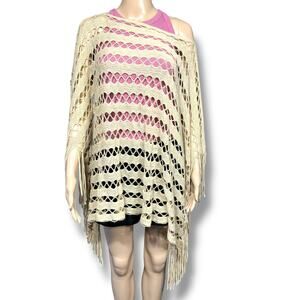 Gena Womens Poncho Sweater Loose Open Knit Pullover Fringe Beige Gold One Size